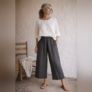 Bryn Walker Linen Pants Wide Leg Cropped Elastic Waist USA Minimalist Neutral